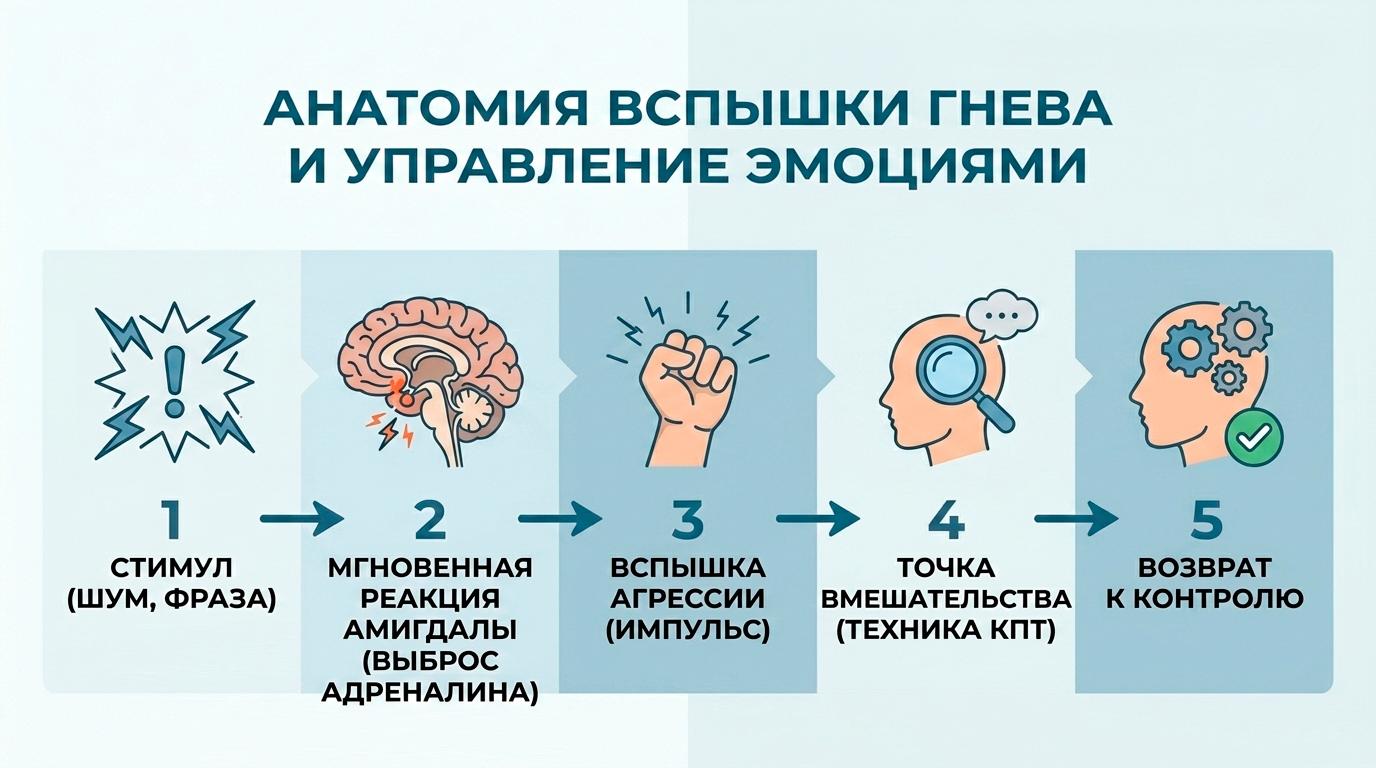 Схема анатомии вспышки гнева и техники управления эмоциями КПТ